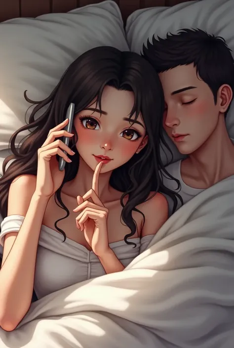 "A woman lying in bed, holding a smartphone close to her ear with one hand while placing a finger to her lips in a shushing gesture, conveying secrecy. The woman has long dark hair and a mischievous expression. Next to her, a man with short hair is asleep ...