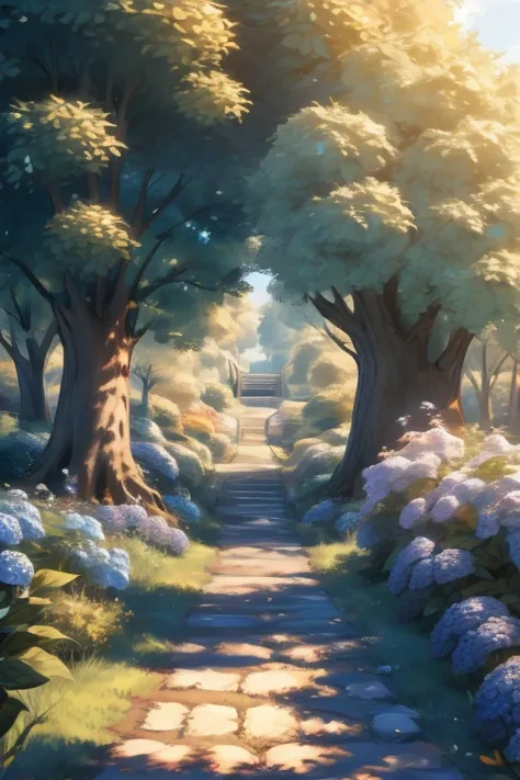 hydrangeas, Park, See,  small hill, Gravel road ,Anime-Series, masterpiece,  best quality,  ANATOMICALLY correct, high details, 8k, Mat