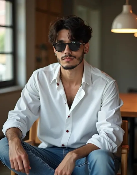   Full body portrait wide shot A young man in handsome sunglasses with molde hairstyle Hiare style wears black piercing in cool Korean style wears white shirt with red buttons Wearing jeans,  dreamy sitting position on a chair in front of a table  , hand s...