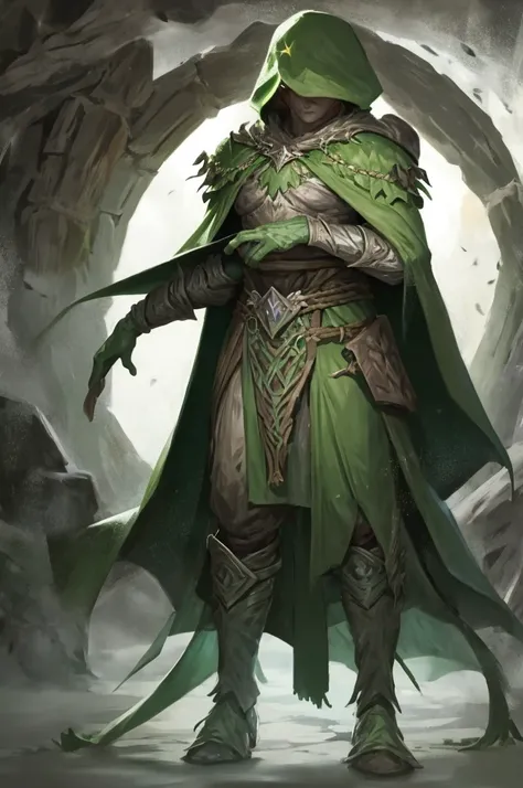 1 man, dark elf, druid, stone left hand ,  long green cloak with hood  