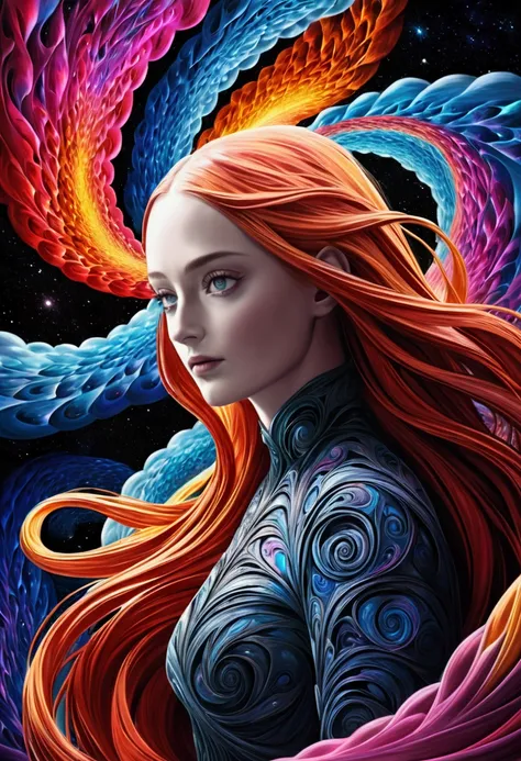 (solo) inconceivable and spectacular an emergency scene of a cloud figure Sophie Turner in a cosmic cloud, strands of fractal nebulae, cosmic, celestial, cosmic, vibrant and vivid entities, whirlwinds, spinning, unreal, high contrast, symbolism, magical, m...