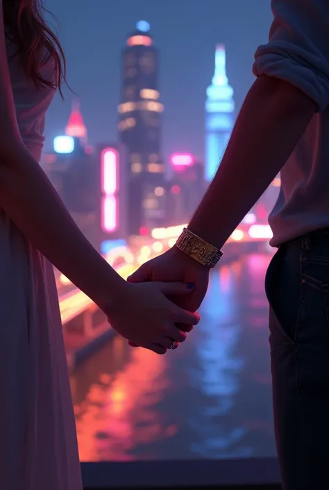 Couple hand showing night city view 