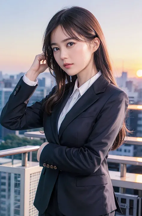 1girl,solo, parted lips,  office lady, business suit ,
skyline, cloud,sunset, arms behind head, looking at viewer,