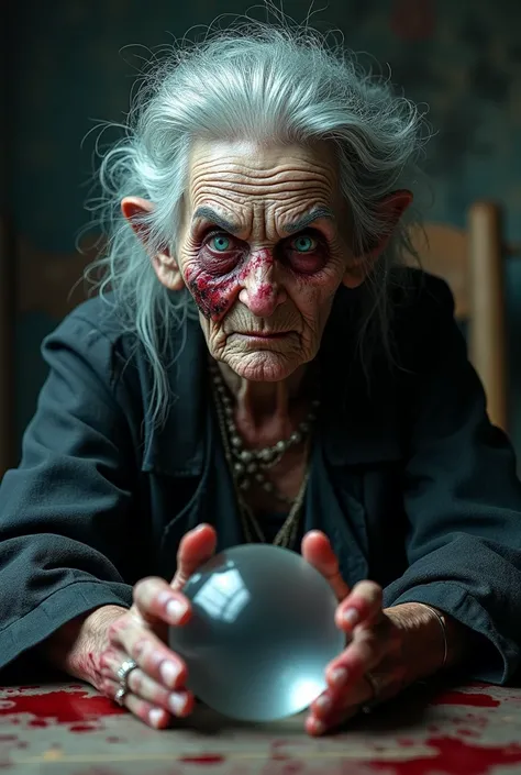 a professional photo of Tamares (Tamares- female): Tamares is a mysterious and scary old lady with thick gray hair and piercing blue eyes that hold a frightening gaze. She wears old bloodstained clothes, adorned with markings that symbolize macabre rituals...