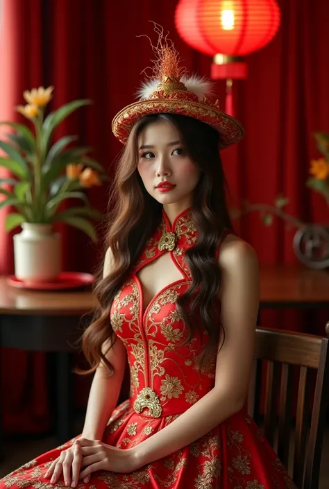   brown-haired female model wearing a Vietnamese pho stylized costume.   impressive style  .  wearing a stylized hat from pho noodles  . Knee-length dress. Luxurious surroundings, Red curtain interior  ,  wooden table and chair ,  Red Lantern, Beautiful li...