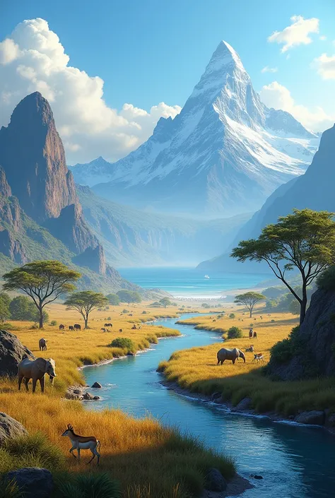 African landscape with a river flowing down to the sea from the mountains and an African savanna 