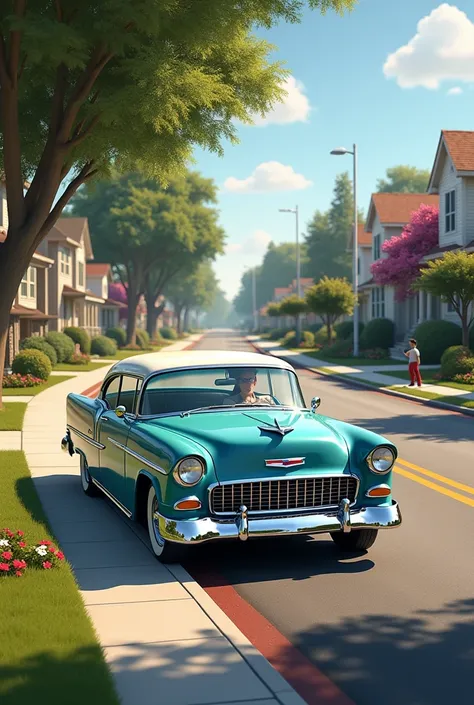 A 1955 Chevy car will appear on the road in a beautiful neighborhood