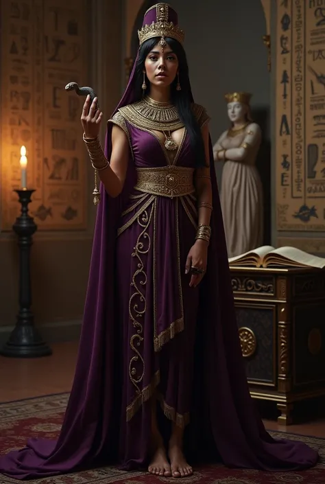 Depict Cleopatra in a dimly lit chamber, adorned in regal yet somber attire made of deep purples and gold. She should be holding a small snake, poised and ready, with a determined expression that reflects her acceptance of fate. Include symbolic elements s...