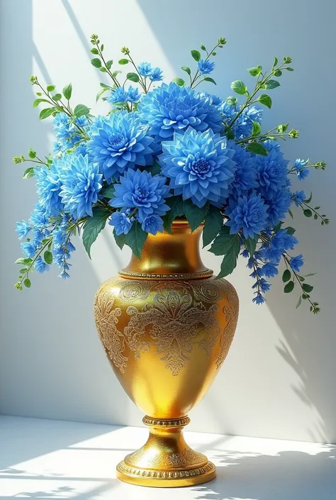 Golden vase blue flowers 