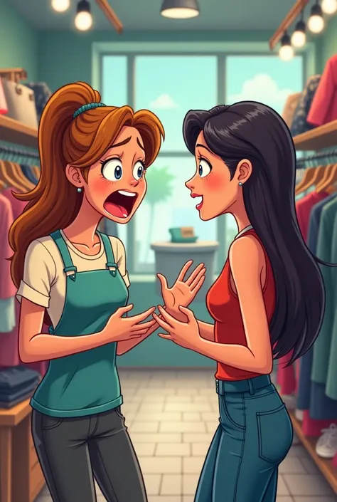 Exaggerated funny image 、An apparel shop clerk who is nervous looking at a colleague who is more stylish than herself at a clothing store