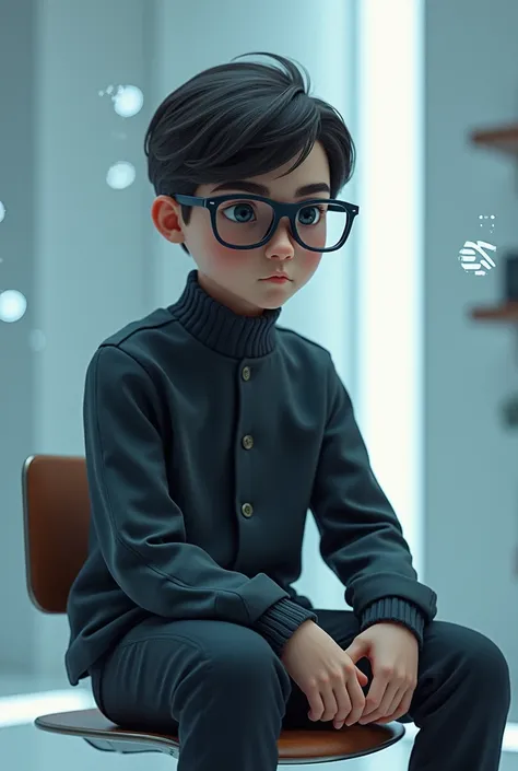 An smart boy ai sit on chair wear black glasses 
