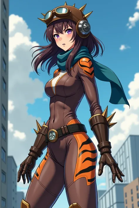 ((best quality)), ((masterpiece)), (detailed), 1 girl, full body, 20s, young adult, purple eyes, brown vintage aviator helmet, spiked helmet, angry face, long blue scarf, brown hair, long hair, somewhat wavy hair, bangs, brown collar, somewhat short, very ...