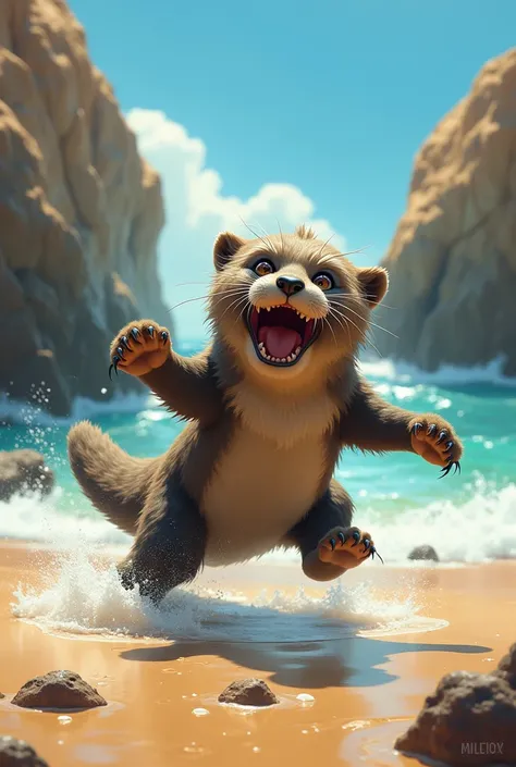  The card shows a seal with the body of a wolverine, Playing happily on the beach .  Waves and rocks can be seen in the background .