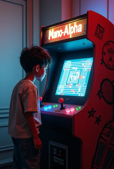  ARCADE MACHINE WITH THE MANO ALPHA LOGO,  BOY PLAYING STARING AT THE SCREEN , RETRO GAME 