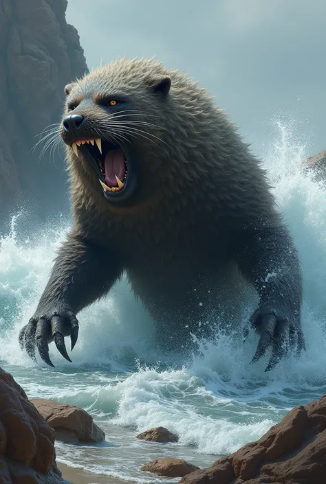  The card shows a seal with the body of a wolverine, which is on the beach.  Waves and rocks can be seen in the background .