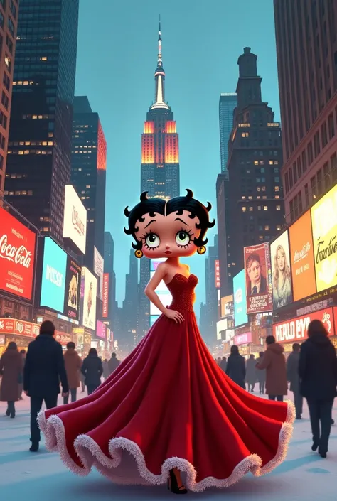  Betty Boop standing in Herald Square in New York with a view of the Empire State Building, wearing a ball gown in winter 