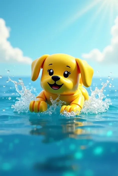 Make a yellow LEGO dog swimming in the sea