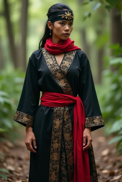 Sundanese woman with athletic body, wearing a black Sundanese headband, long sleeves black brocade embroidered kabaya, red scarf wrapped around her neck, subordinates wearing a patterned sarong, wearing leather sandals, pose like superhero marvel, with fac...