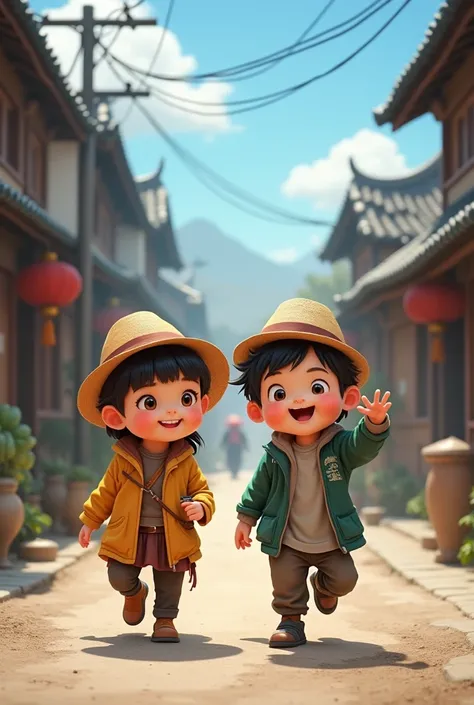 Two s in street, there is an inscription entitled "Boka and Pika"( best quality , realistic,high, HDR:1.2), ultra-detailed , 1****** playing on a village street, smiling, 1******.