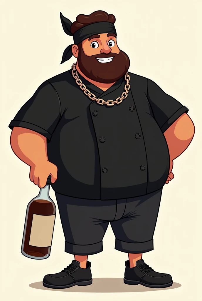 A full-body mascot of a black black, chubby man with a bandana tied around his head, with a brown beard, wearing a A short-sleeved black chef coat.. He has a thick chain around his neck and is holding a bottle of alcohol in one hand with a confident, laid-...