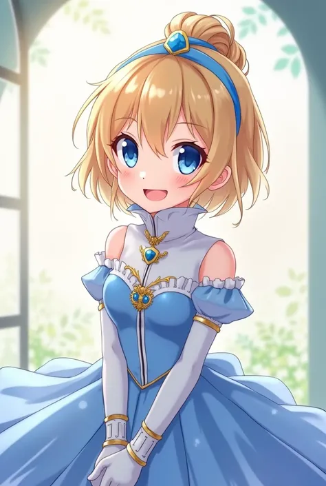  Ojou-Sama laugh cute Blonde Anime Princess Maria Robtink with blue eyes wearing a blue headband and wearing a Blue Dress with a Massive Popped Collar taller than her head