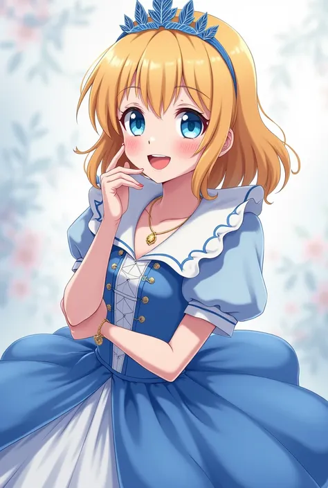  cute Blonde Anime Princess Maria Robtink with blue eyes wearing a blue headband and wearing a Blue Dress with a Massive Popped Collar taller than her head. Shes doing the Ojou-Sama laugh 