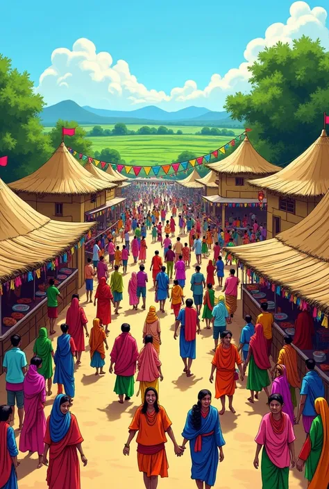 A Bangladeshi  village baishakhi fair picture for class 5 art work and make it more simple and Sketch type but colour included
