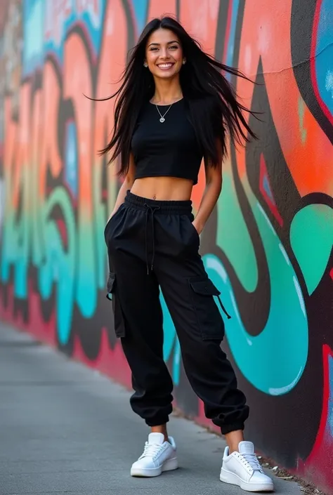 Woman with long black hair white latin skin with a short black crop top a black cargo pants Nike shoes posing happily and the wall with graffiti 