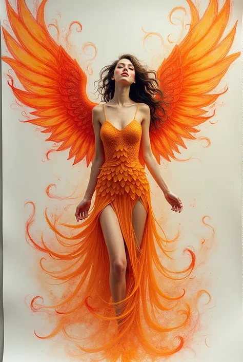 A woman reborn as a phoenix with the art of a colored pencil and a sketchbook 