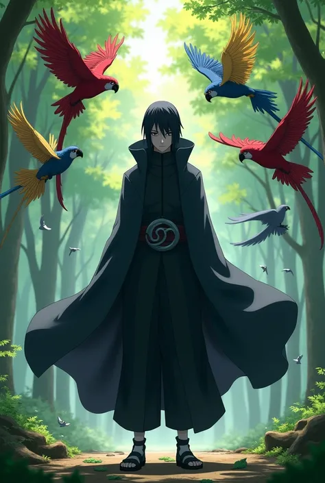 Play the character Itachi Uchiha from the Naruto anime, summoning several parrots in place of the crows he usually summons in the anime.
