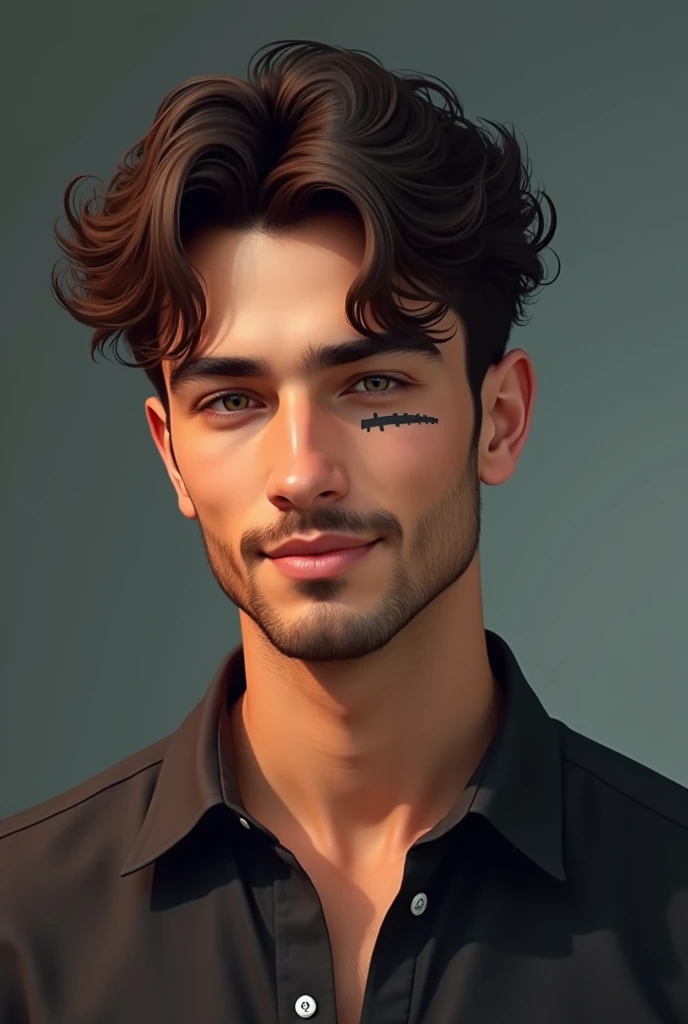  Draw a 19-year-old , mustache and goatee,  White race , 1 meter 84 , thin(69 kilos),  wavy dark brown hair , dark brown eyes,  a scratch in the eyebrow ,  slightly large lips and a beautiful smile