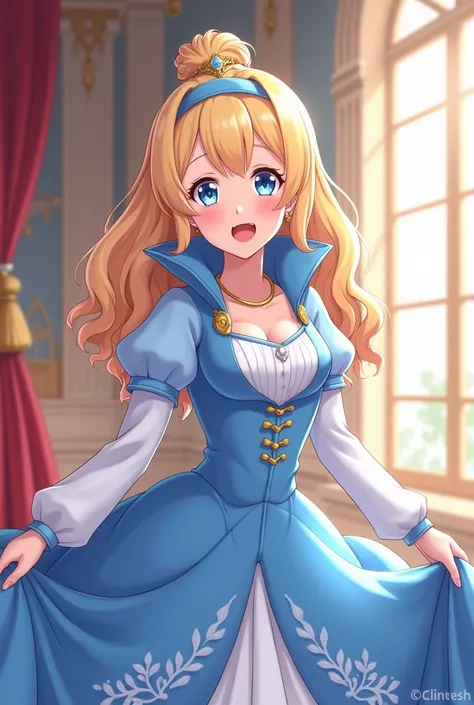 cute Blonde Anime Princess Maria Robtink with blue eyes wearing a blue headband and wearing a Blue Dress with a Massive Popped Collar taller than her head. Shes doing the Noblewoman laugh