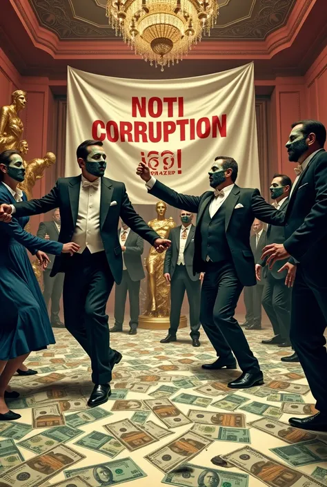  A room full of politicians dressed in dress ,  dancing on a slippery floor made of banknotes.  in the background , a banner reads  " Fight against Corruption ".