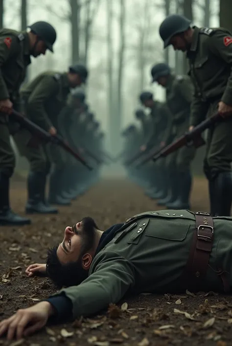  give me a hyperrealistic image  , Foto realista,  movie style 4k , Of a Jew lying on the ground x Nazi soldiers