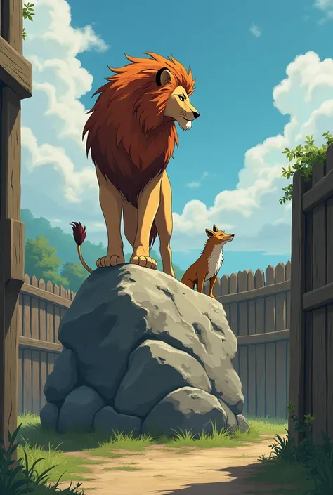 A side picture of an anime lion standing on a rock facing a confused jackal who is away from the rock in a simple prison 
 From the wood he looks at the lion