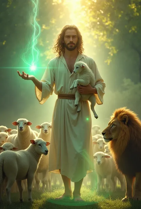 A young man in the center who is standing. He has long brown hair and a beard. He wears a white tunic. He holds a lamb in his right arm and glowing light green energy comes out of his other hand. A golden light from the sky enters his head and a turquoise ...