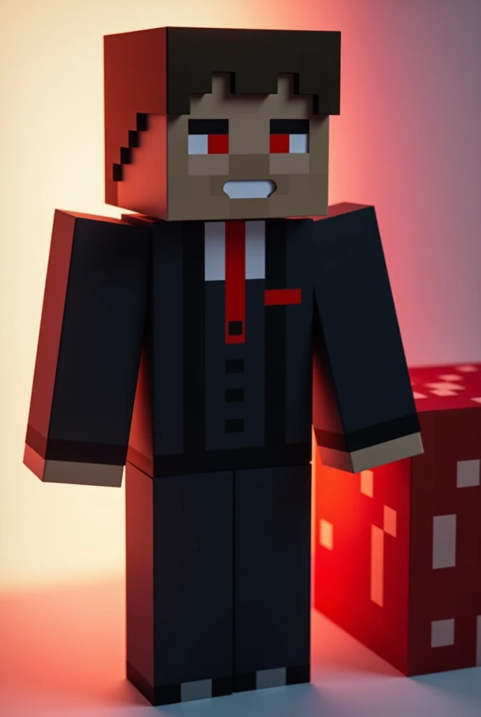 A pixalized Minecraft skin featuring a black suit with a red tie next to 
 Red 