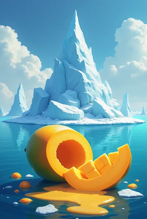 in the ocean, there is a frozen arctic island completely covered by snow and ice, there is a giant mango sliced open and mango juice is being spilled out of it and into the water, there are also smaller mango pieces scattered around, with a stylized and fa...