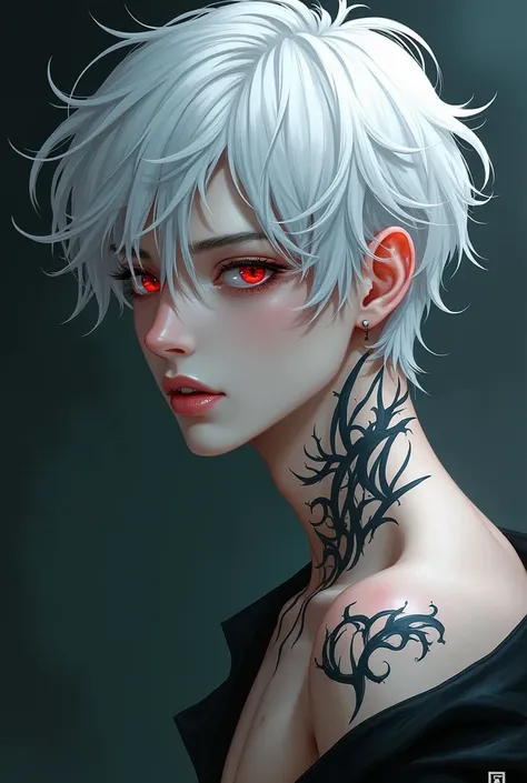 White haired red eye boy has a tattoo on his neck that says AIRAYA