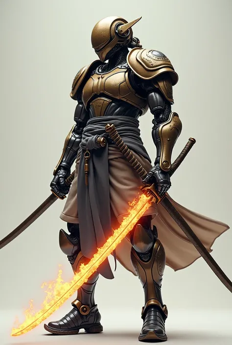  A samurai humanoid robot with shorter samurai clothes, versatile ,  with a long sword on either side of his waist ,  drawing a sword ,  that shines like fire ,  from his sheath 