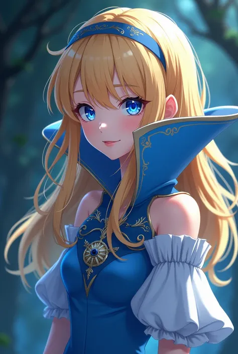 Evil Cute Blonde Anime Princess Maria Robtink with blue eyes wearing a blue headband and wearing a Blue Dress with a Massive Popped Collar taller than her head.