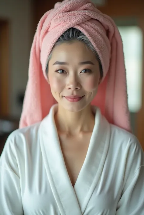 A sexy still very young looking 50 yearsold mature Japanese girl with a pink hair towel completely covering her head she is getting married wearing a bathrobe standing in a makeup room full body view High-k ey lighting Style, 1girl, sol o,gray hair, comple...