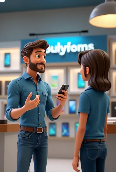 3d animation of phone salesman dressed in denim pants and blue shirt, talking to a customer 
