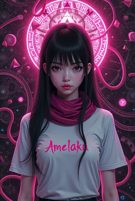 digital artwork abstract structur element intricate network of wonderlines beautiful asia gothic woman erii 
black eyes makeup black hair wearing white T-shirt  with text AMELAKU and magenta syal, triangel line line line complex, cyan bacteria and other me...