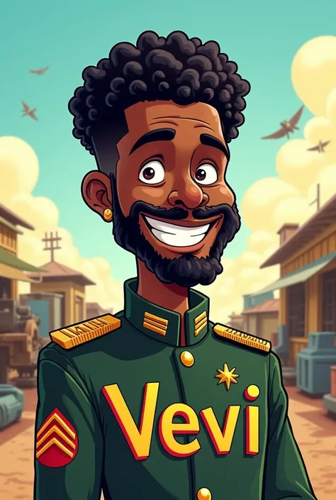 A funny cartoon of a black man with curled hair and a beard, an army captain with the word VEVI on his uniform 