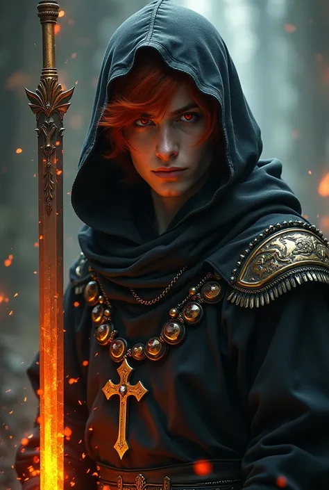  a 17-year-old warrior and bloody red-haired boy , dark red and black eyes ,  and using a sword and hood  ,  wearing a cross necklace and stones  ,  golden aspects and strong contrasts  , dark  , Strong aura lights  , semi-realistic and dark fantasy graphi...