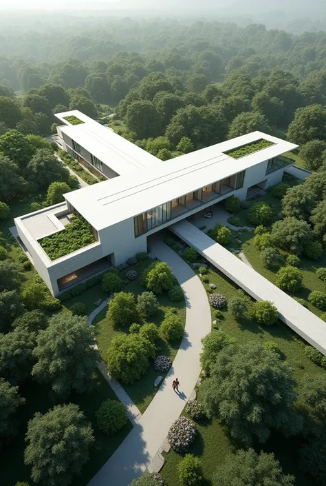  Imagine the design of a single-level building where there are crossed volumes,  large but in length and width , not tall ,  and having gardens , In aerial view 