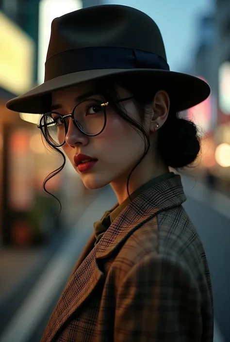 High image quality、 high definition 、masterpiece、Detective woman、 wearing round glasses 、(Checkered brown suit)、Tokyo in the early Showa period、At dusk、Thoughtful face、(Fedora)、