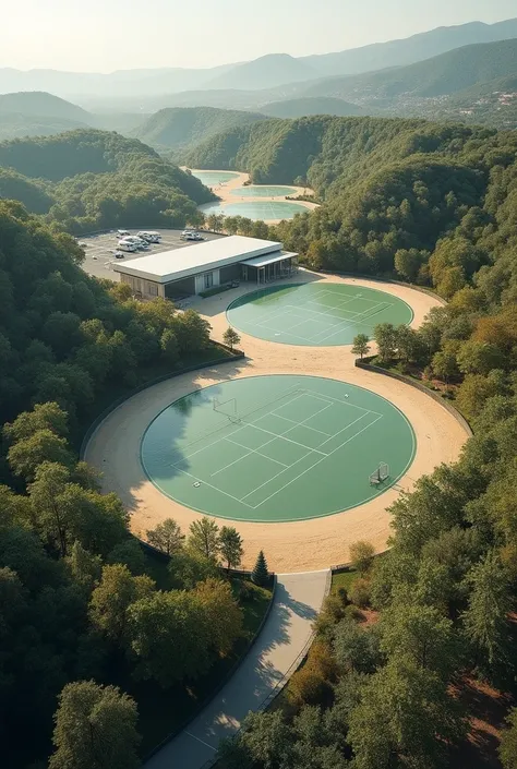  CREATES AN IMAGE OF A high-performance sports center for elite athletes and training for contact sports with rackets( Racquetball , ), and boarding school  , sports rehabilitation .  with circular shapes and circular routesI HOPE THAT EACH COURT IS ON A D...