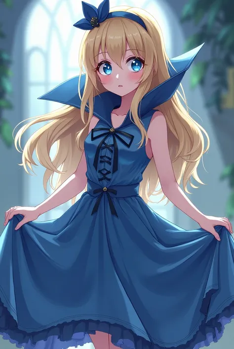 Vampire Cute Blonde Anime Princess Maria Robtink with blue eyes wearing a blue headband and wearing a Blue Dress with a Massive Popped Collar taller than her head.